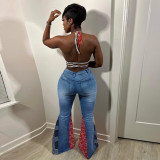 Женские джинсовые стильные расклешенные джинсы в стиле пэчворк