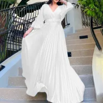 Elegant Women'S Solid Color V-Neck Sexy Pleated Long Dress Maxi Dress