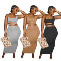 Conjunto de dos piezas de falda ajustada con espalda baja rasgada de color sólido a la moda para mujer