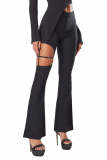 Conjunto de pantalones de dos piezas de pierna ancha de color negro sólido de cintura alta de manga larga elegante de punto largo de otoño