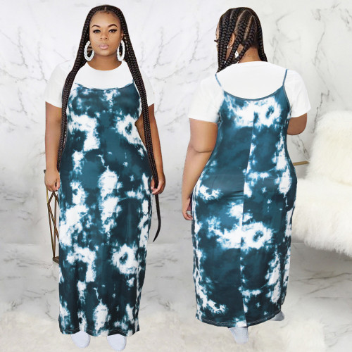 Plus Size Women Tie Dye Print Short Sleeve T-Shirt + Strap Dress Two Piece
