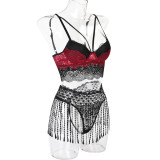 Women Sexy Fringe Lace Patchwork With Gloves Lingerie Set
