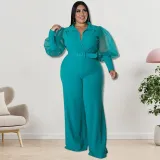 Plus Size Women Lapel Mesh Long Sleeve Jumpsuit with Belt