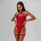 Women Sexy Bodysuit Mesh Straps Patchwork Halter Neck With Leg Rings Lingerie