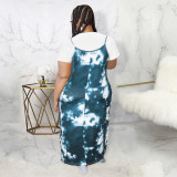 Plus Size Women Tie Dye Print Short Sleeve T-Shirt + Strap Dress Two Piece