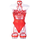 Women Sexy Bodysuit Mesh Straps Patchwork Halter Neck With Leg Rings Lingerie