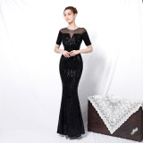 Women Elegant Long Sleeve Sequins Fishtail Evening Dress
