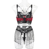 Women Sexy Fringe Lace Patchwork With Gloves Lingerie Set