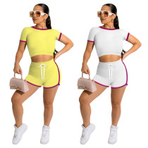 Mujeres Sexy sólido Side Stripe Top + Shorts Conjunto de dos piezas