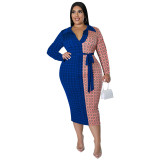 Plus Size Women Fall Casual Long Sleeve Lapel Colorblock Dress