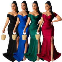 Women Short Sleeve French Sexy V-Neck Evening Dress solid Split Long Dress