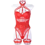 Women Sexy Bodysuit Mesh Straps Patchwork Halter Neck With Leg Rings Lingerie