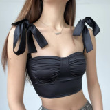Women Off Shoulder Pleated Sexy Tie Crop Top