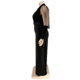 Plus Size Women Lapel Mesh Long Sleeve Jumpsuit with Belt