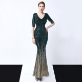 Women Sequins Long Banquet Slim Fishtail Elegant  Evening Dress
