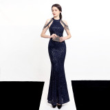 Women Elegant Long Halter Sequins Fishtail Evening Dress