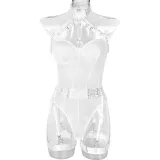 Women Sexy Bodysuit Mesh Straps Patchwork Halter Neck With Leg Rings Lingerie