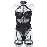 Women Sexy Bodysuit Mesh Straps Patchwork Halter Neck With Leg Rings Lingerie
