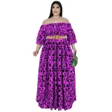 Plus Size Women Fall Off Shoulder Long Sleeve Dress with Belt