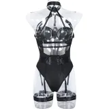 Women Sexy Bodysuit Mesh Straps Patchwork Halter Neck With Leg Rings Lingerie
