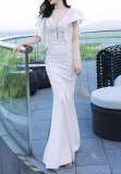 Women Elegant Lace Ruffles Short Sleeve Slim Fit Mermaid Evening Dress