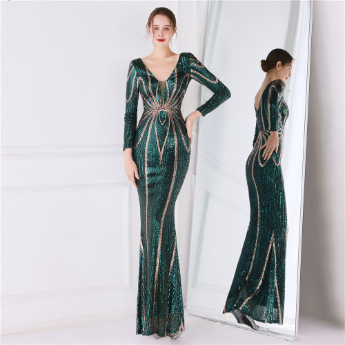 Women Elegant Long Sleeve Sequins Mermaid Dress Evening Dress