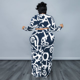 Plus Size Women Printed Long Sleeve Top + Skirt Two Piece Set