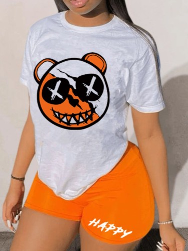 プラスのサイズの女性の夏の半袖プリント T シャツ + ショーツ XNUMX 点セット