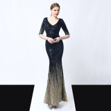 Women Sequins Long Banquet Slim Fishtail Elegant  Evening Dress