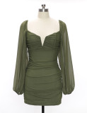 Women Summer Chic Green V-Neck Mesh Skirt French High Waist Dress