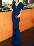 Women Elegant Lace Ruffles Short Sleeve Slim Fit Mermaid Evening Dress