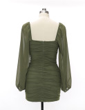 Women Summer Chic Green V-Neck Mesh Skirt French High Waist Dress