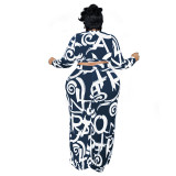 Plus Size Women Printed Long Sleeve Top + Skirt Two Piece Set