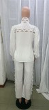 Herfst retro witte uitgeholde blouse met pofmouwen en matchbroek set