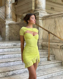 Women's Mesh Cutout Short Sleeve Pleated Slim Bodycon Tight Fitting Dress Summer