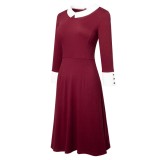 Fall Chic Long Sleeve Button Patchwork Mid Waist Colorblock Comfort Dress