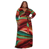 Women's Abstract Print Belted Deep V Neck Fashion Tight Fitting Plus Size Dress