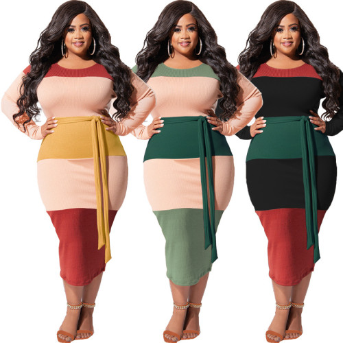 Fall Contrast Color Belted Fashion Tight Fitting Plus Size Women's Dress