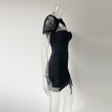 Women's Mesh Cutout Short Sleeve Pleated Slim Bodycon Tight Fitting Dress Summer
