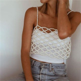 Hollow out pearl sexy vest top nightclub party top