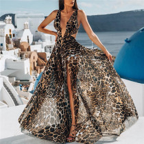 Leopardenkleid für Damen Sexy Maxikleid mit tiefem V-Träger