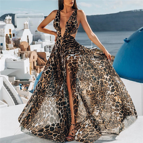 Women's Leopard Dress Sexy Deep V Strap Maxi Dress