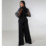 Women's mesh puff sleeve one piece Bell Bottom pants (without belt)