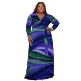Women's Abstract Print Belted Deep V Neck Fashion Tight Fitting Plus Size Dress