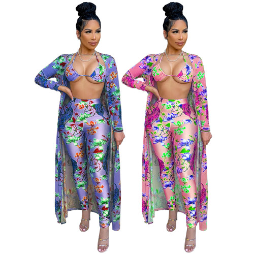 Costume da bagno copricostume da donna con stampa Tiger di Four Seasons, set da 3 pezzi con cintura
