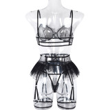 Women's Fashion Mesh See-Through Patchwork Contrast Color Crossover Sexy Garter Belt Three-Piece