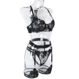 Fashion Lace Underwear Pull Up Underwire Four Piece Garter Lingerie Set