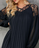 Women Black Pleated Patchwork Lace  Short Dress