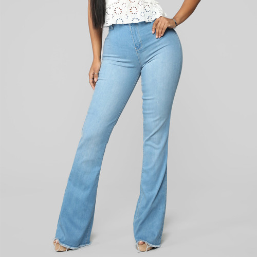 Высокие стрейчевые джинсовые расклешенные брюки для женщин