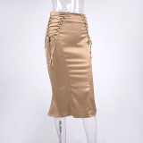 Women's Summer Satin Solid High Waist Lace-Up Bodycon Long Skirt Mermaid Skirts